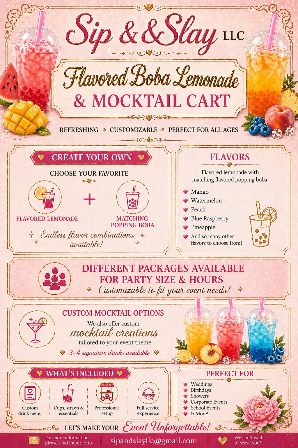 Flavored Boba Lemonade & Mocktail Cart — flavors, custom mocktails, and packages